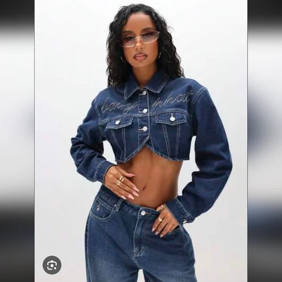 Baby Phat Dark Blue Denim Cropped Jacket with Embroidered Logo- M - Picture 3 of 3